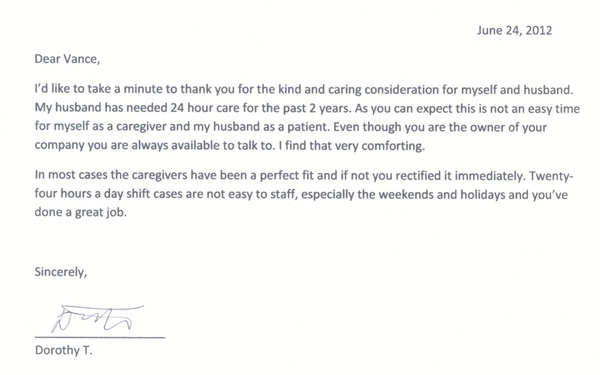 Handwritten thank-you note from a Sunlight Care client family